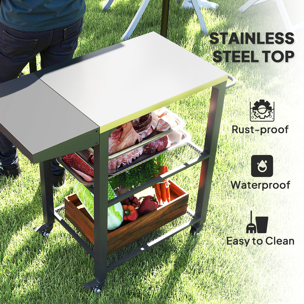 Outdoor Grill Cart w/ Foldable Side Table, 3-Tier Pizza Oven Stand w/ Stainless Steel Tabletop, Hooks, Wheels
