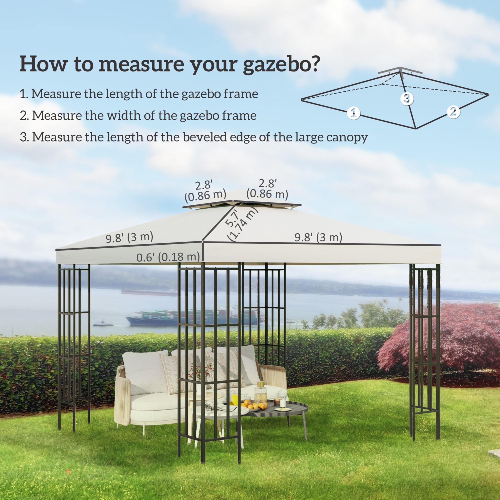 10' x 10' Square 2-Tier Gazebo Canopy Replacement Top Cover Outdoor Garden Sun Shade, Cream White