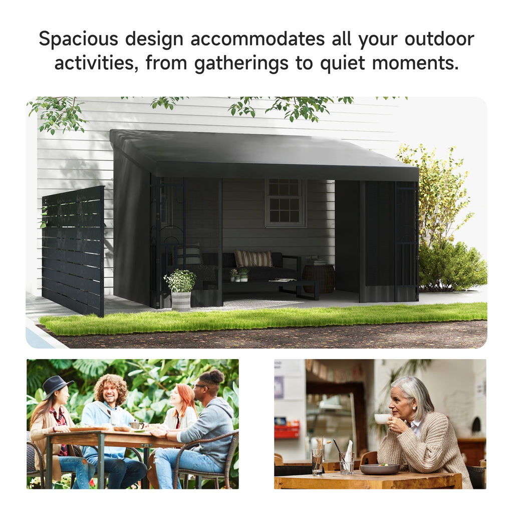10' x 13' Outdoor Pergola, Wall Mounted Hardtop Lean-to Gazebo with 2 Curtains and 2 Nettings, UV Resistant, for Patio, Deck, Dark Grey