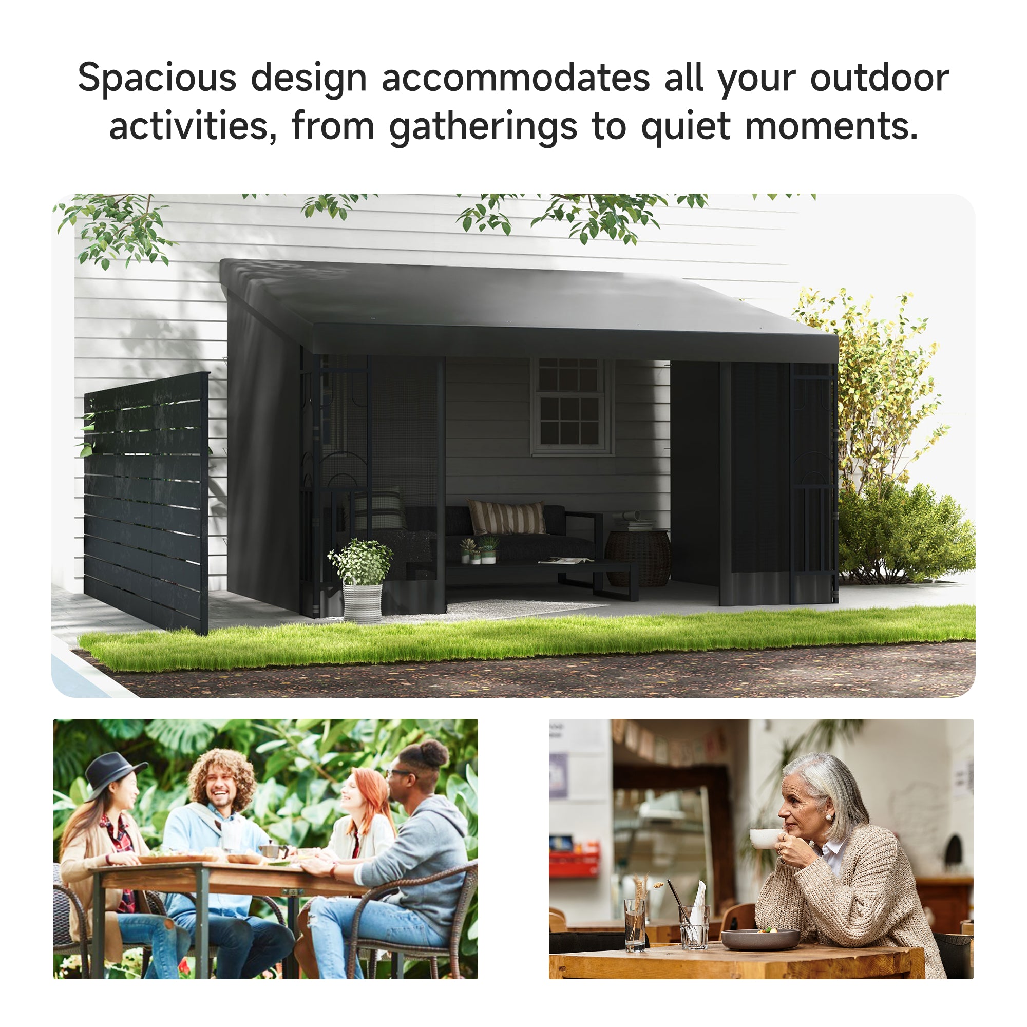 10' x 13' Outdoor Pergola, Wall Mounted Hardtop Lean-to Gazebo with 2 Curtains and 2 Nettings, UV Resistant, for Patio, Deck, Dark Grey