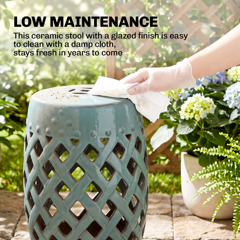 12.4" x 17.9" Ceramic Garden Stool with Woven Lattice Design, Indoor & Outdoor Decorative Accent Stool, Blue