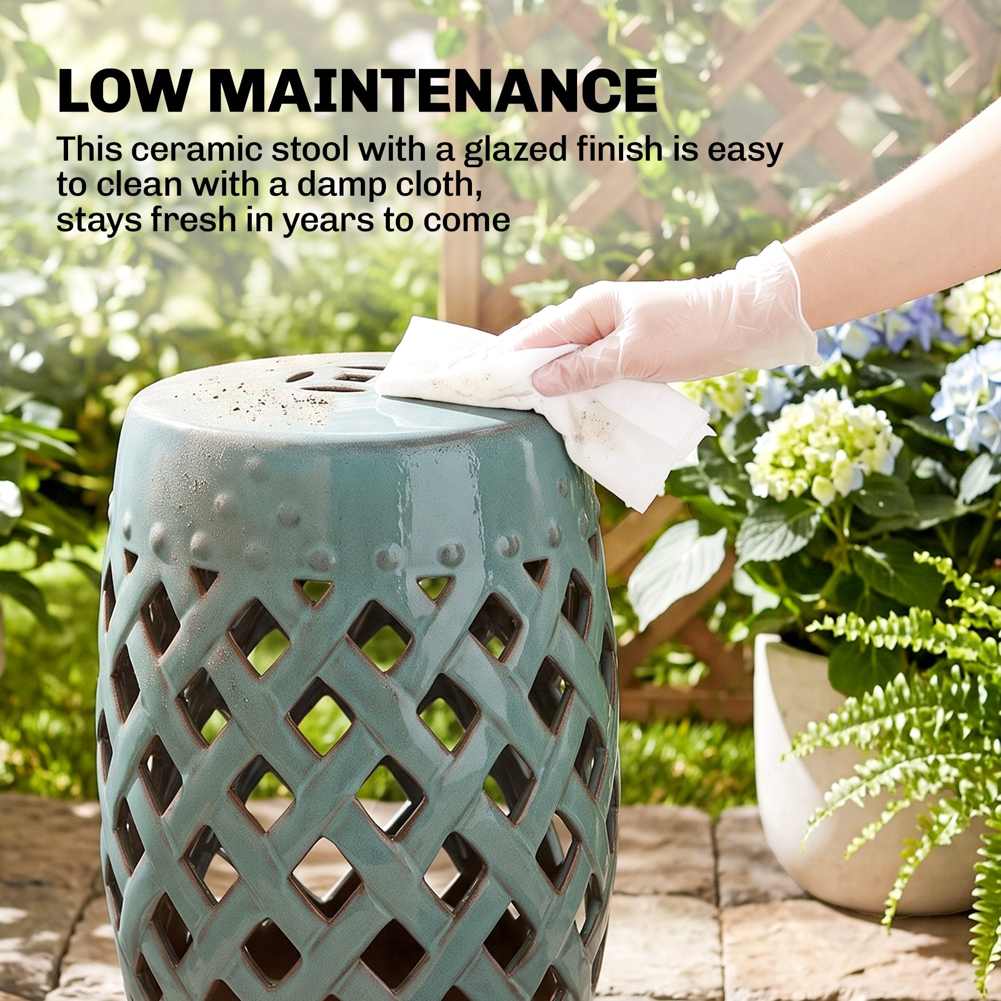12.4" x 17.9" Ceramic Garden Stool with Woven Lattice Design, Indoor & Outdoor Decorative Accent Stool, Blue