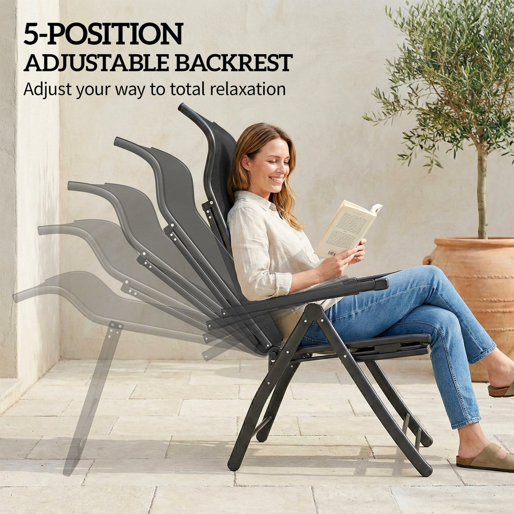 Folding Patio Chairs Set of 2, 5-Position Outdoor Lounge Chairs with High Back, Retractable Footrest, Black