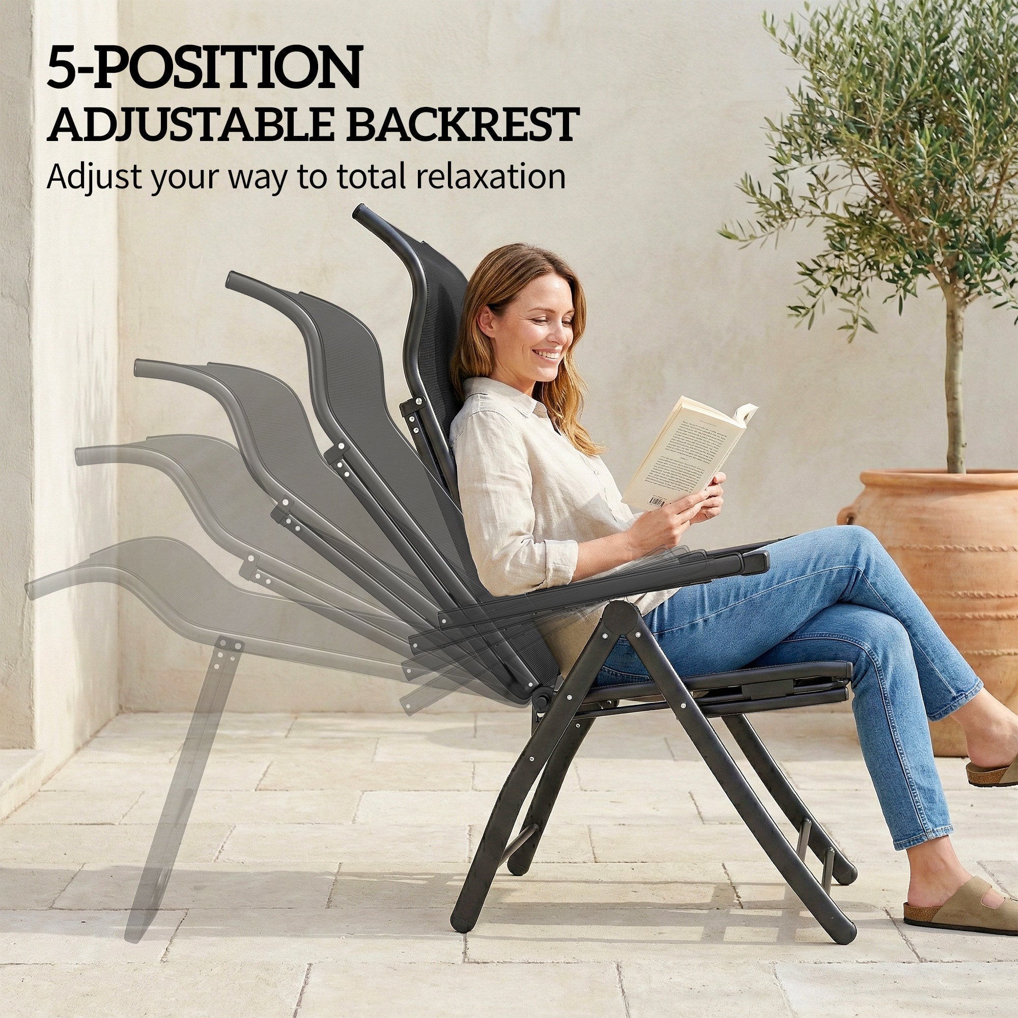 Folding Patio Chairs Set of 2, 5-Position Outdoor Lounge Chairs with High Back, Retractable Footrest, Black