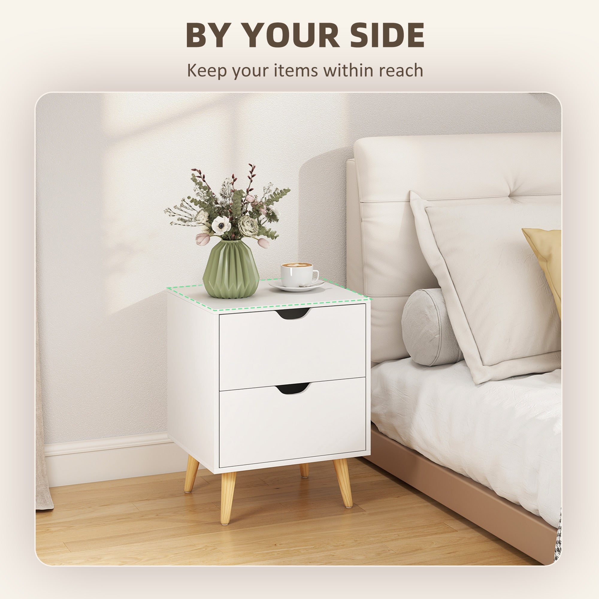 Modern Bedside Table Set of 2, Nightstand with 2 Drawers and Pine Wood Legs for Bedroom, White