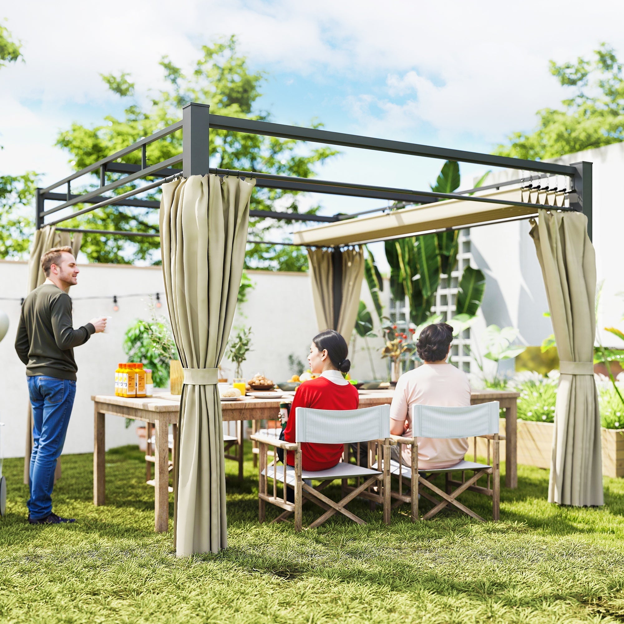 10' x 10' Outdoor Gazebo, Retractable Pergola Canopy with Curtains, UPF30+ Free Standing Metal Pergola Kit, Beige