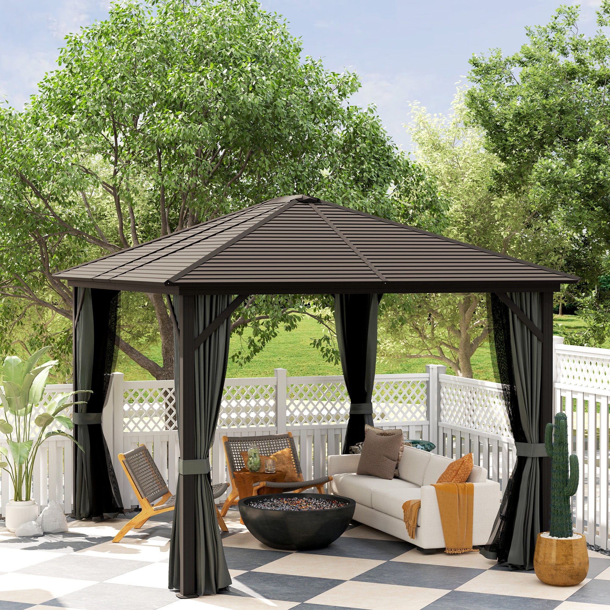 10' x 12' Deluxe Hardtop Gazebo with Metal Roof, Aluminum Frame Patio Gazebo Garden Sun Shelter Outdoor Pavilion with Curtains and Netting, Grey