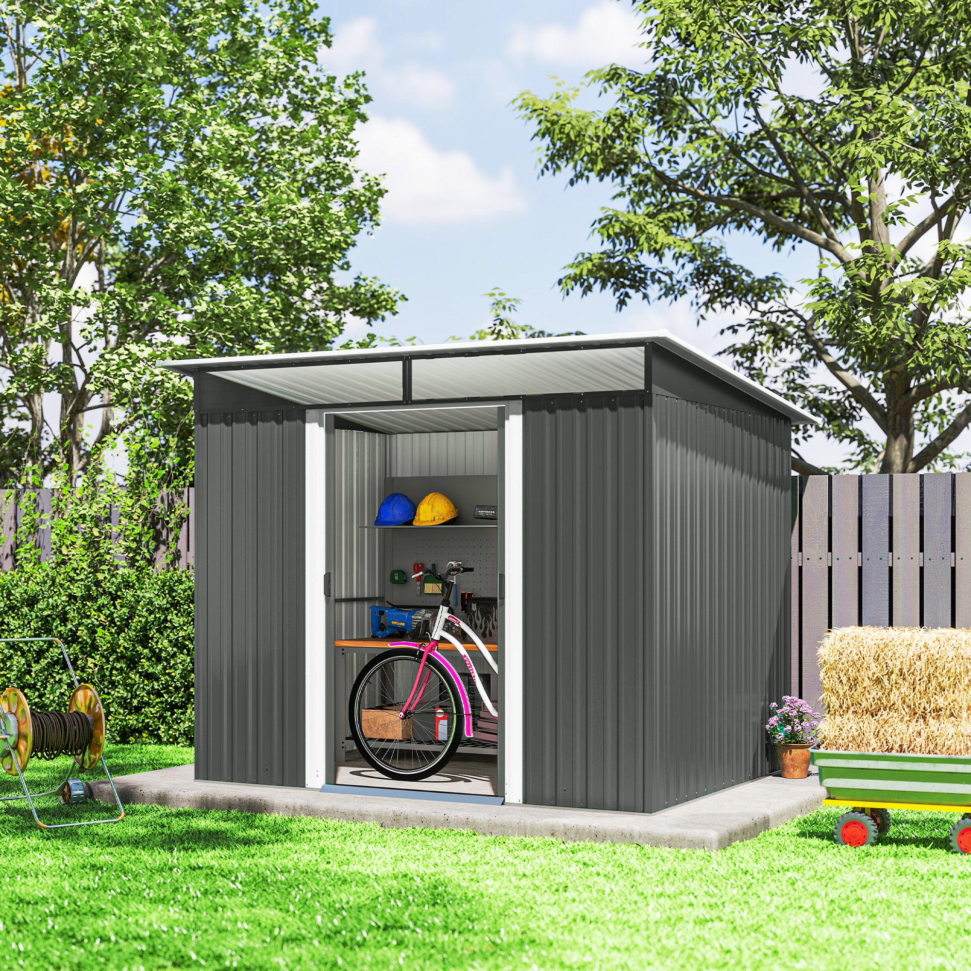 9' x 6.5' Outdoor Metal Garden Shed Utility Tool Storage Steel Backyard House, Dark Grey