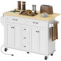 Kitchen Island Cart with Power Outlet & Drop Leaf, 55" Rolling Kitchen Island on Wheels with Storage, White