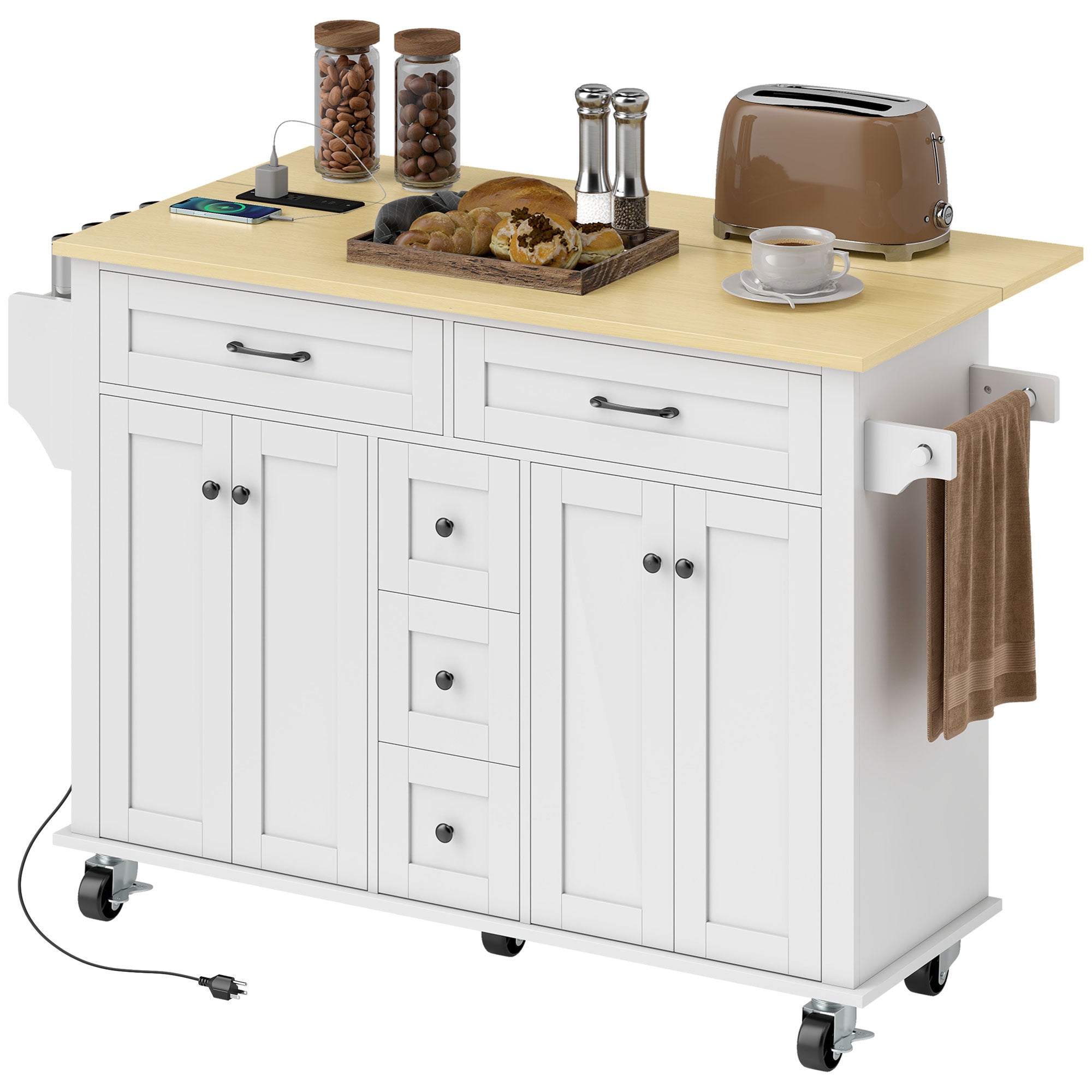 Kitchen Island Cart with Power Outlet & Drop Leaf, 55" Rolling Kitchen Island on Wheels with Storage, White