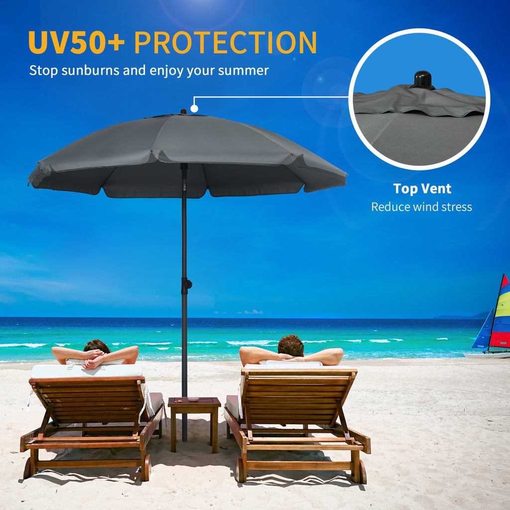 6ft Beach Umbrella, Outdoor Sun Shade Parasol with Push Button Tilt, Ruffled  UV50+ Vented Canopy, Dark Grey