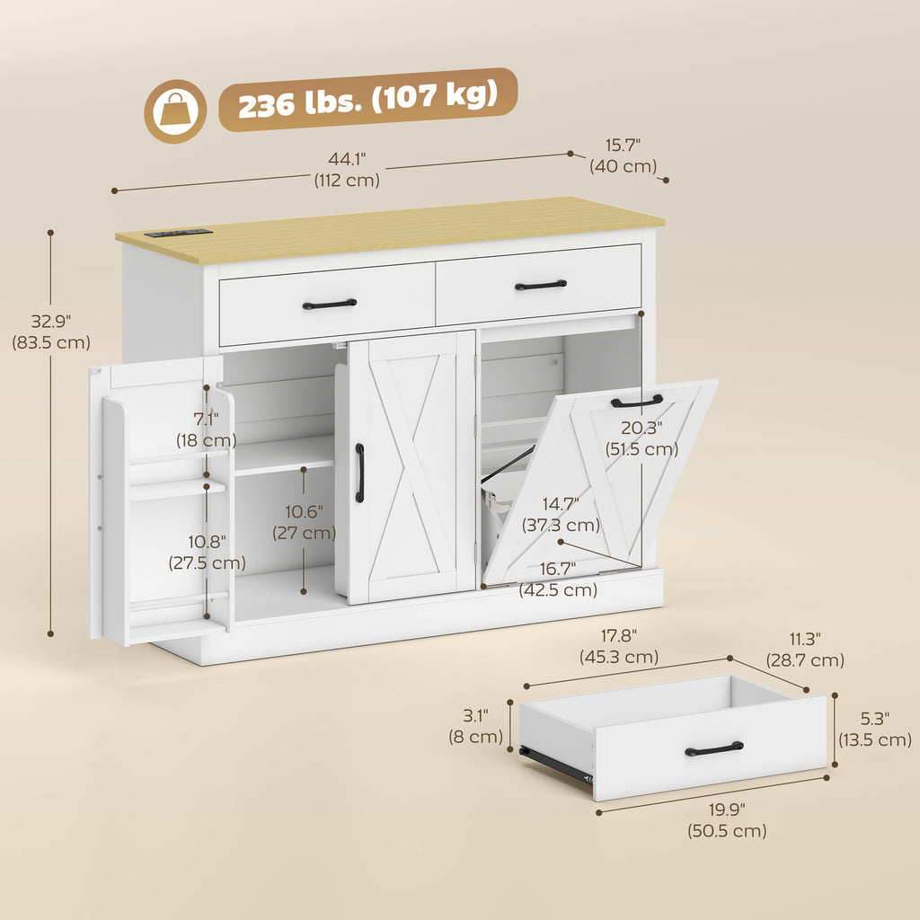 7 Gallon Tilt Out Garbage Cabinet, Kitchen Island with Charging Station, 2 Drawers, 4 Door Racks, White