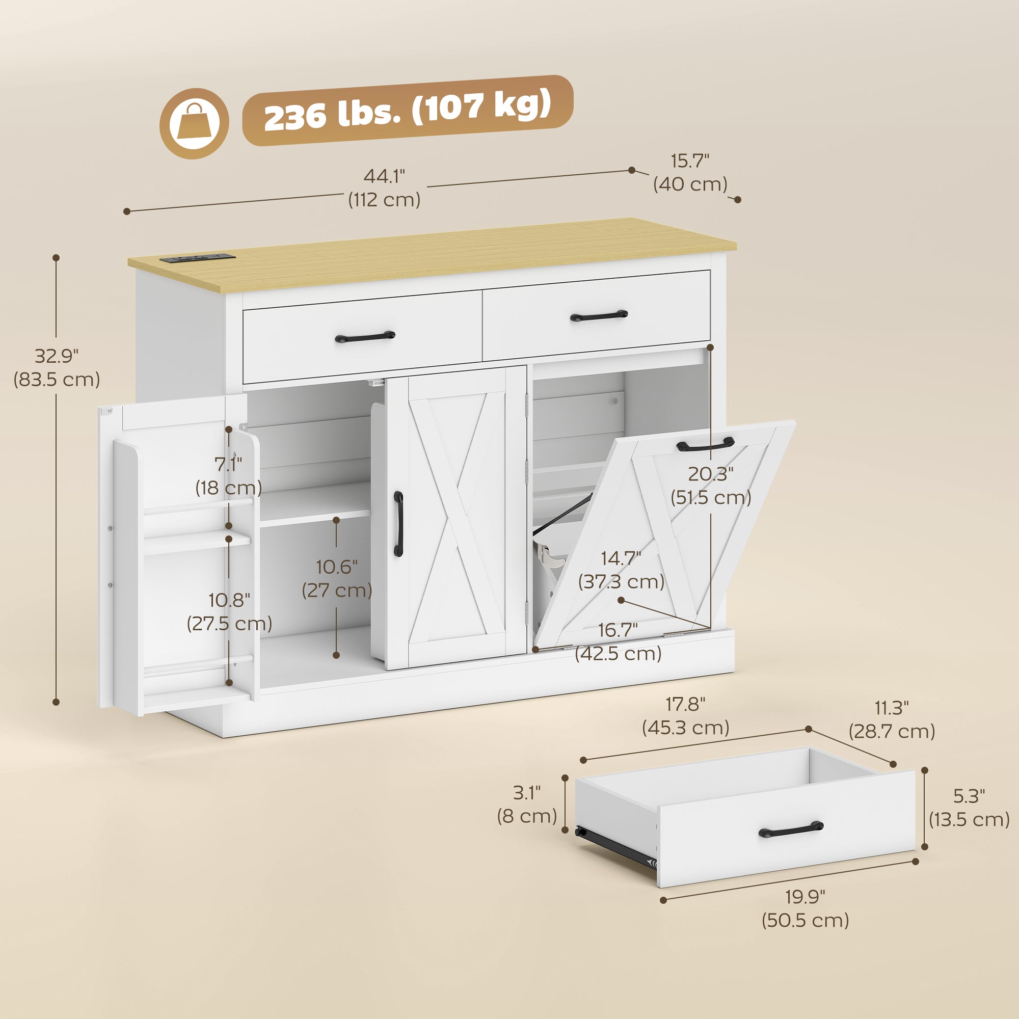 7 Gallon Tilt Out Garbage Cabinet, Kitchen Island with Charging Station, 2 Drawers, 4 Door Racks, White