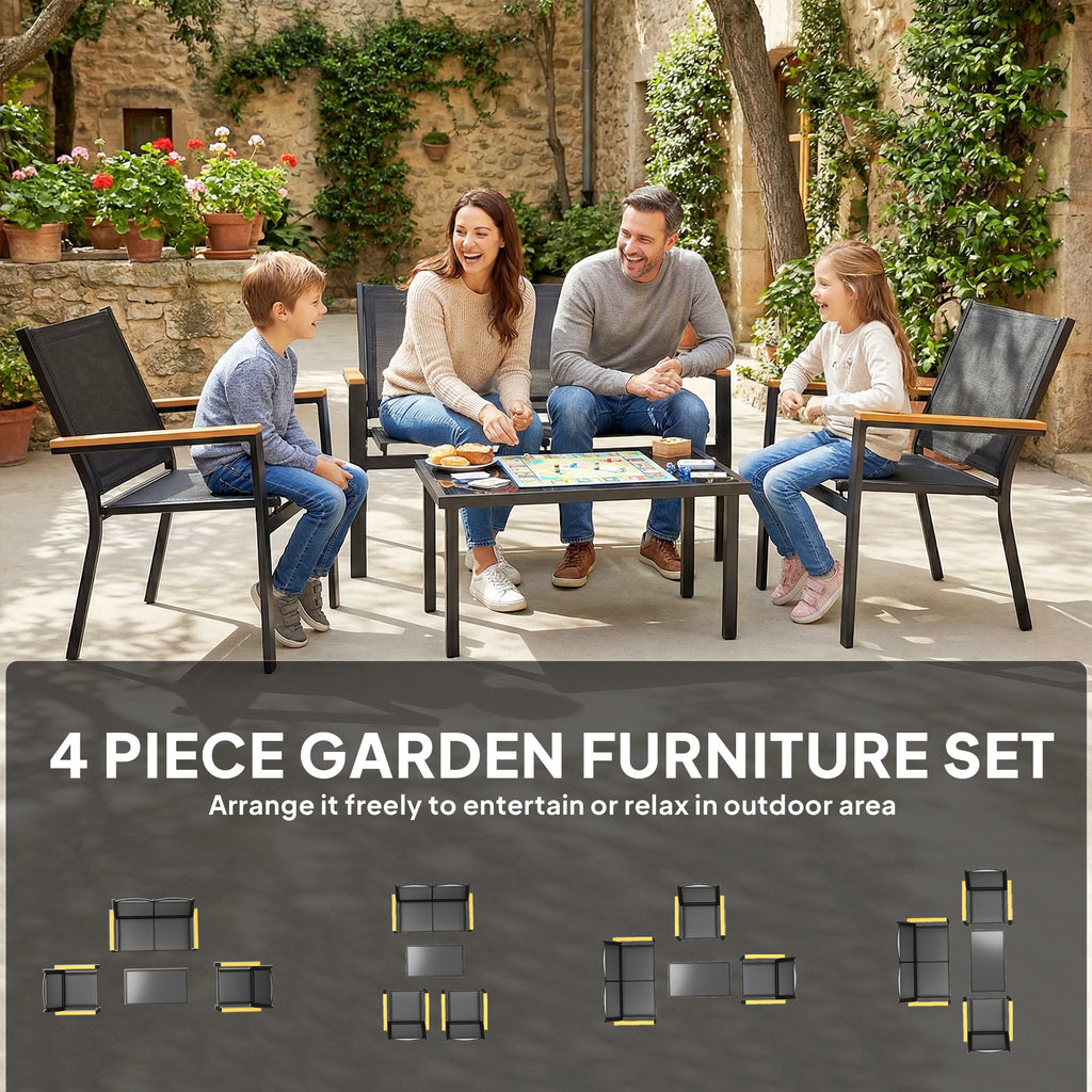 Outdoor 4 Piece Set Patio Furniture with Sofa, Tempered Glass Tabletop for Garden Backyard Porch, Black