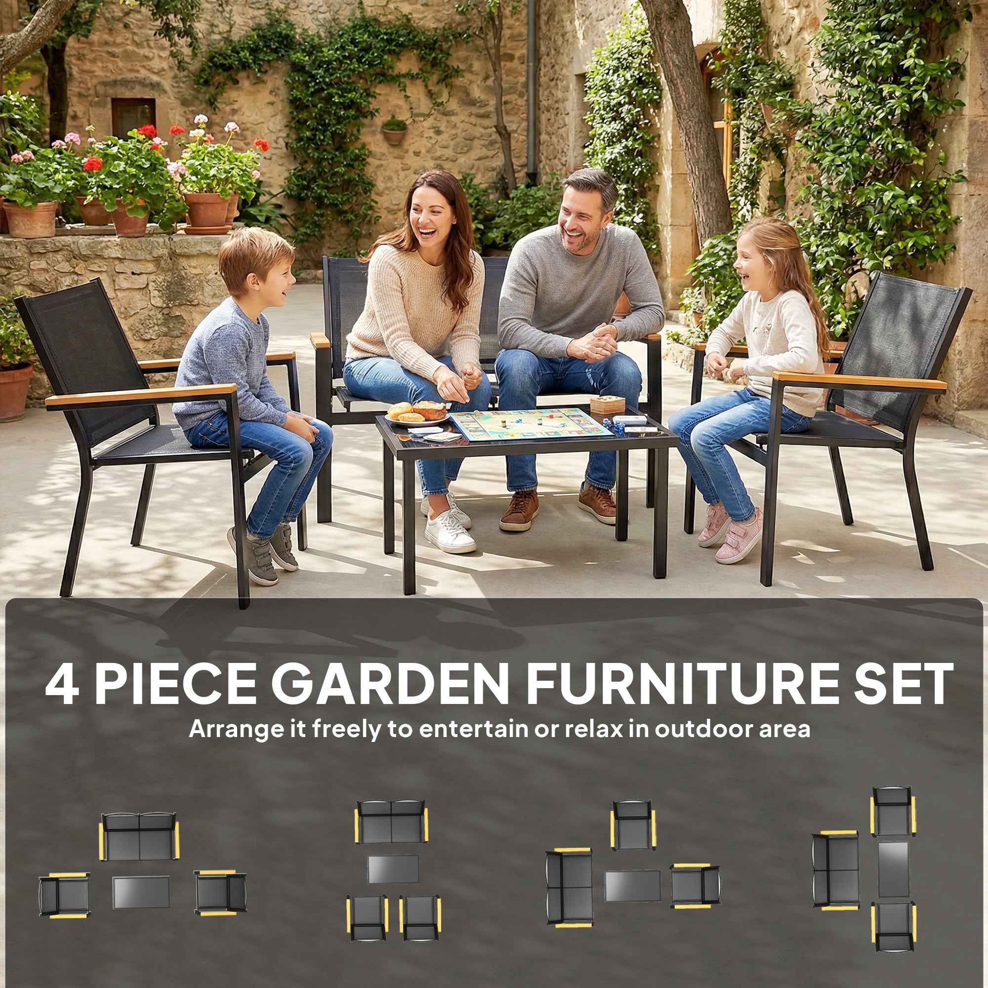 Outdoor 4 Piece Set Patio Furniture with Sofa, Tempered Glass Tabletop for Garden Backyard Porch, Black