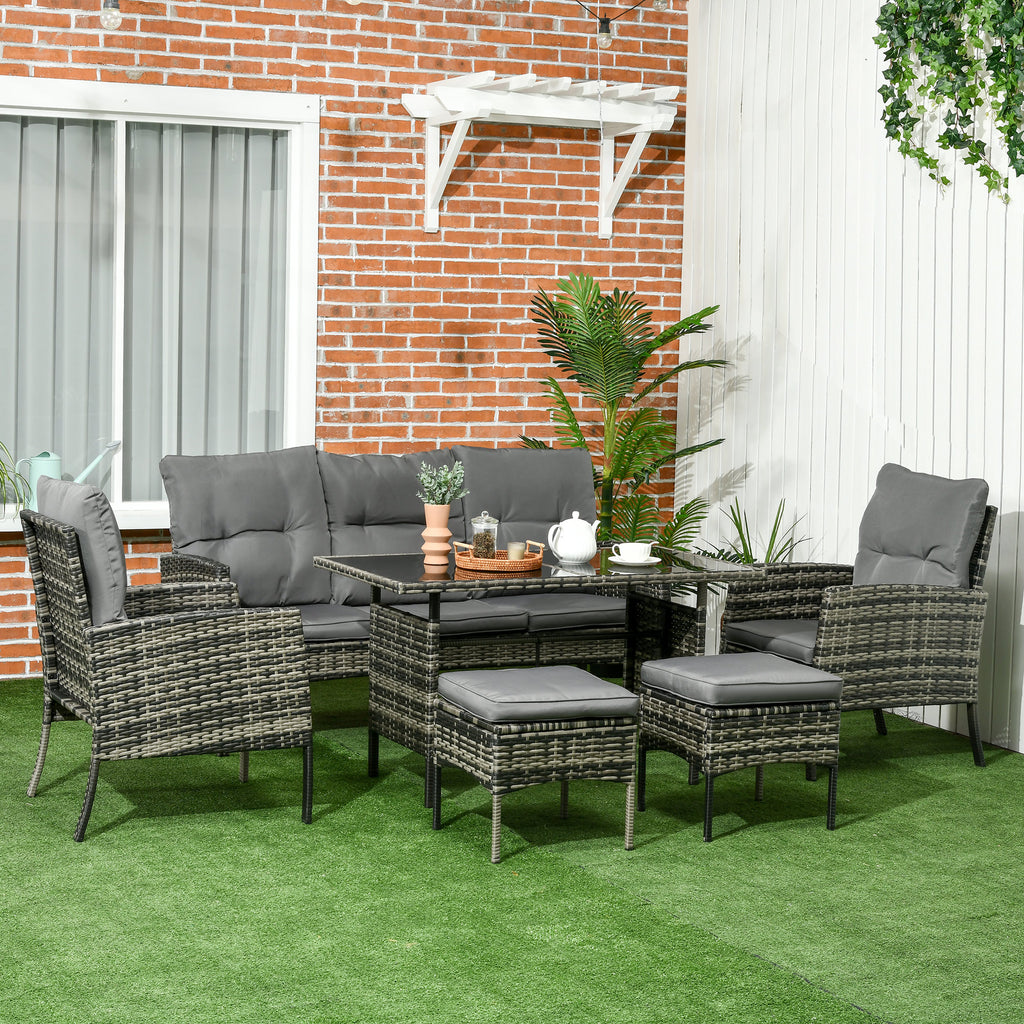 6-Piece Outdoor Patio Furniture Set with Chairs, Ottomans, Sofa, Glass Top Coffee Table and Cushions, Wicker Rattan Conversation Set for Backyard and Porch, Grey