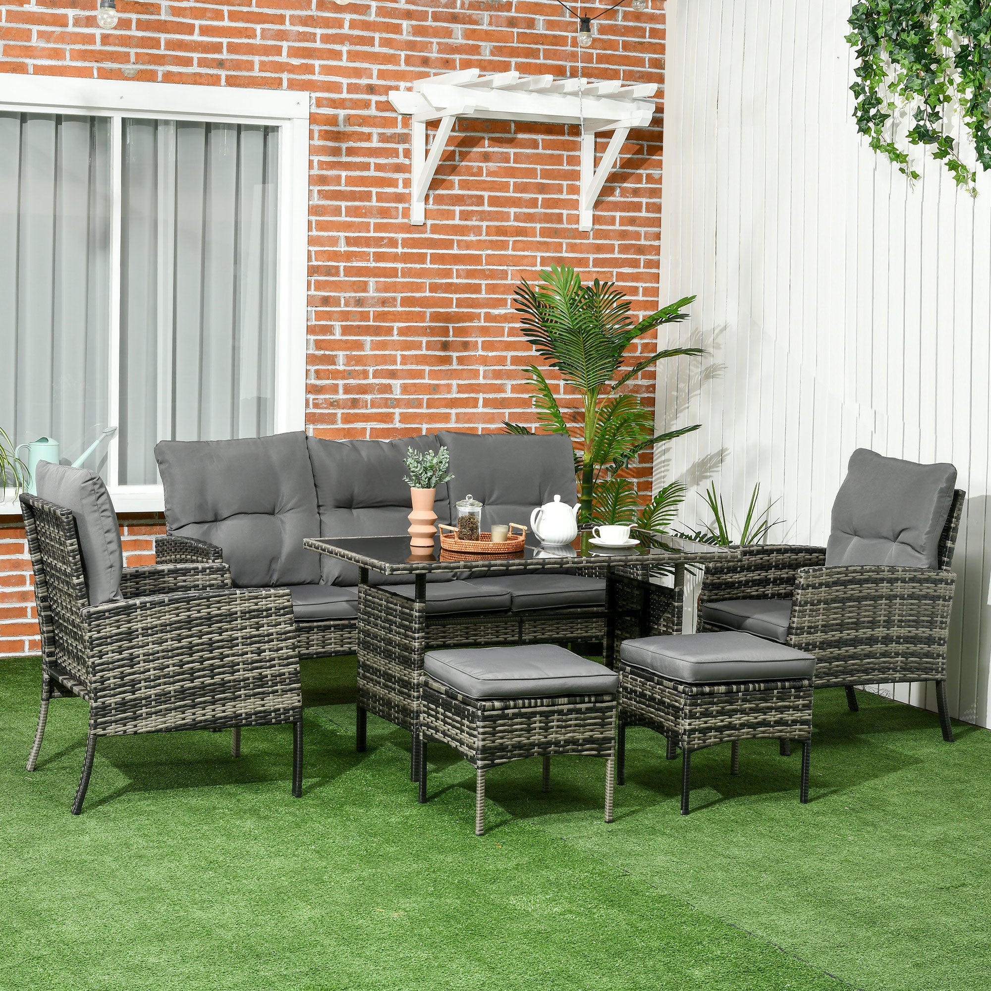 6-Piece Outdoor Patio Furniture Set with Chairs, Ottomans, Sofa, Glass Top Coffee Table and Cushions, Wicker Rattan Conversation Set for Backyard and Porch, Grey