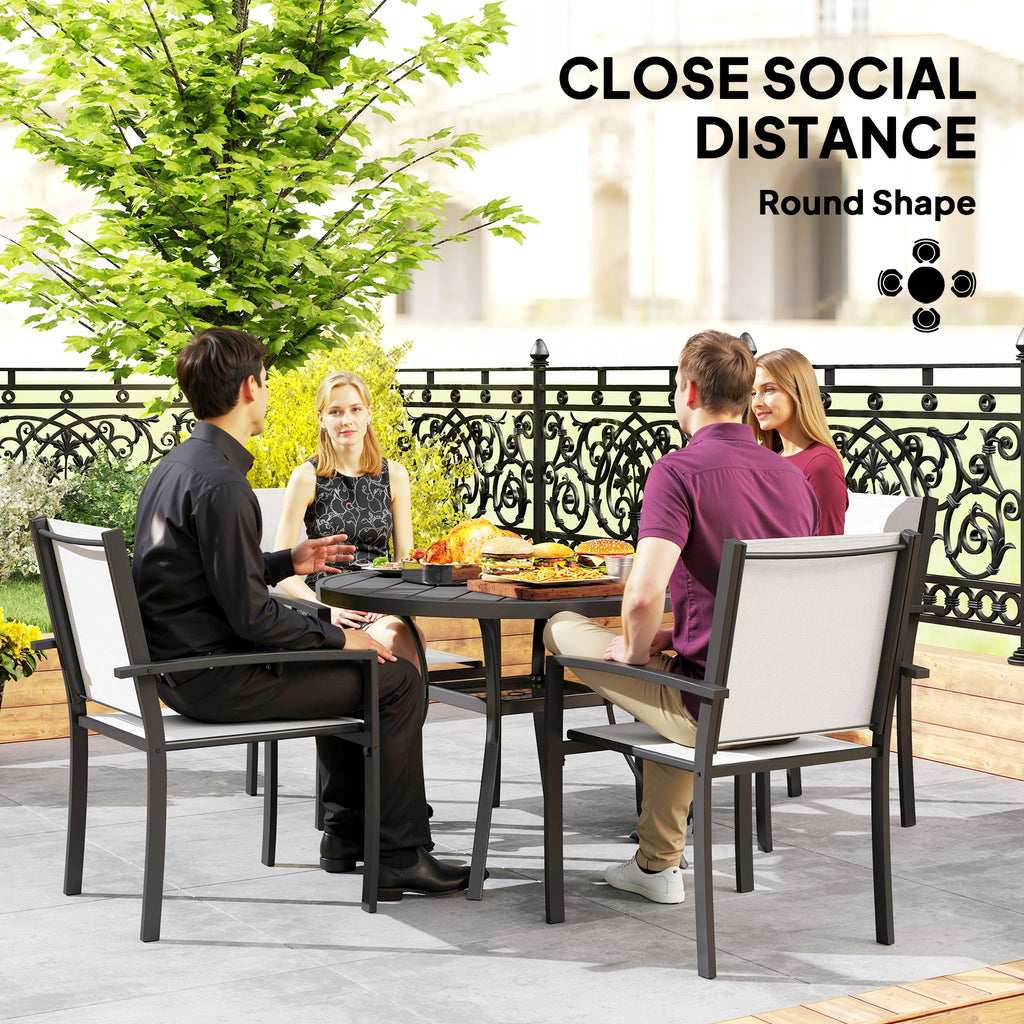 5 Piece Outdoor Dining Set with Round Table and 4 Stackable Chairs, for Backyard, Lawn, Deck, Balcony, Pool Side