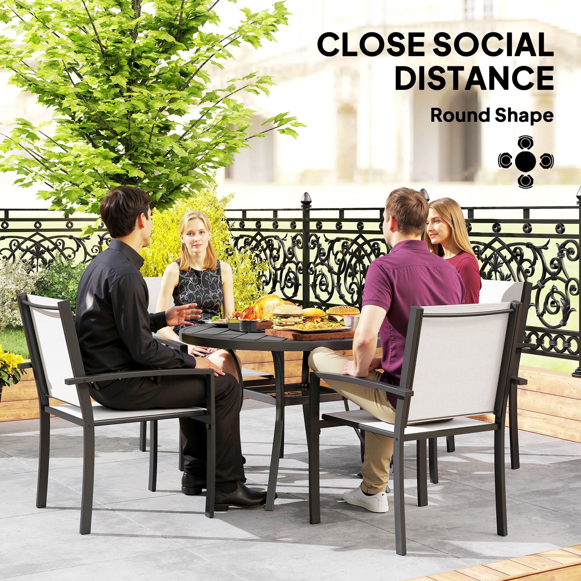 5 Piece Outdoor Dining Set with Round Table and 4 Stackable Chairs, for Backyard, Lawn, Deck, Balcony, Pool Side