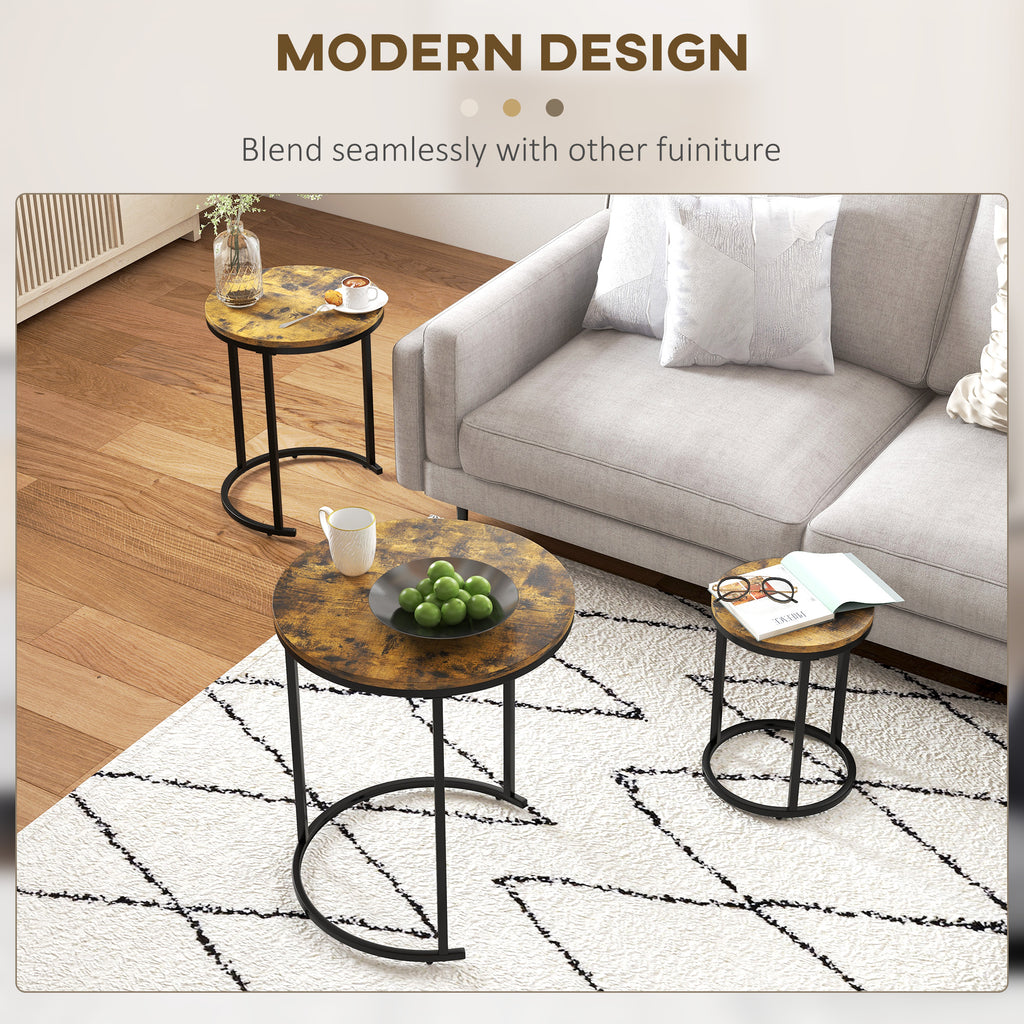 Nesting Coffee Tables Set of 3, Stacking Round Side Tables with Steel Frame for Living Room, Rustic Brown