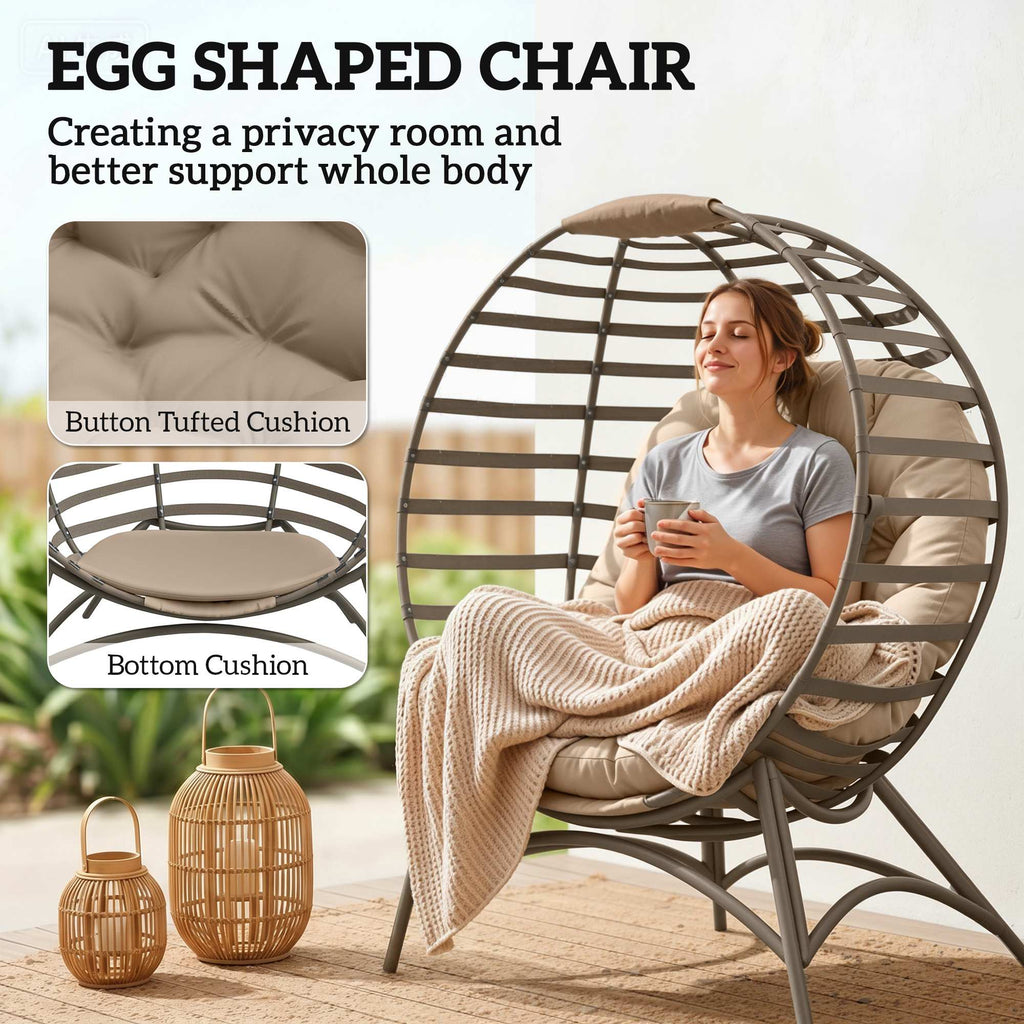 Egg Chair, Patio Lounge Chair, Foldable Basket Chair with Large Seat Cushion, Side Pocket, Sand