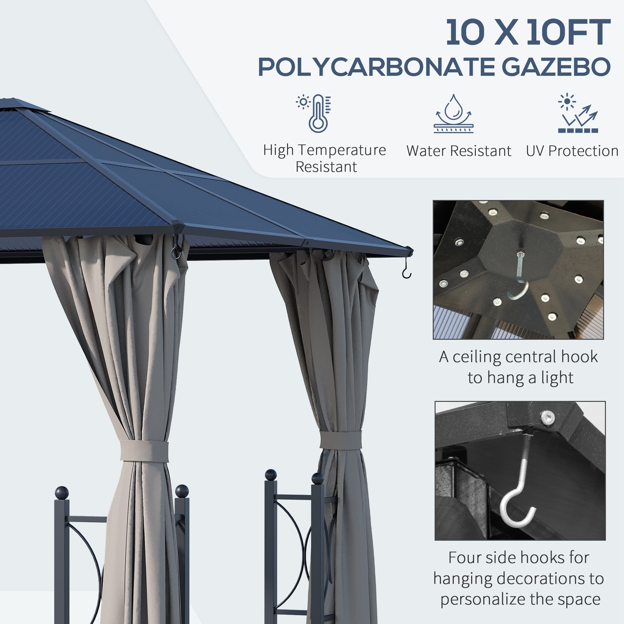10' x 10' Hardtop Gazebo with PC Board Roof and Aluminum Frame, Patio Gazebo with Curtains and Netting for Party Wedding Marquee Tent, Black