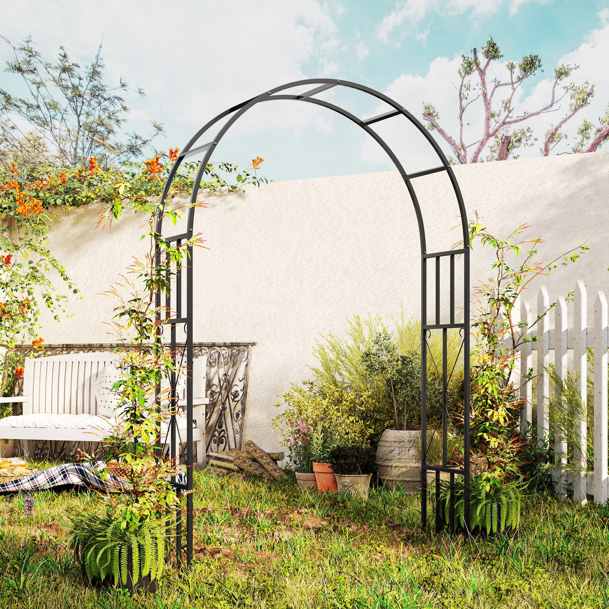 7.3ft Steel Garden Arch Trellis, Garden Arbor Trellis for Climbing Plants Roses Wisteria Vines, Flower Arch Wedding Arch Stand for Bridal Party Ceremony Decoration, Black