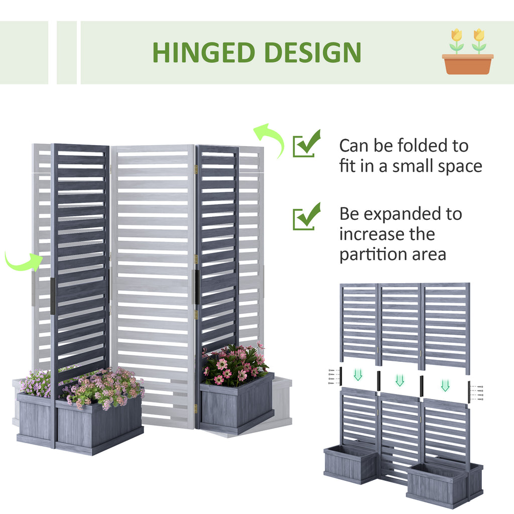 Outdoor Privacy Screen Wood Privacy Panel with 4 Planter Boxes, Raised Bed with 3 Panels, Drainage Holes, Grey