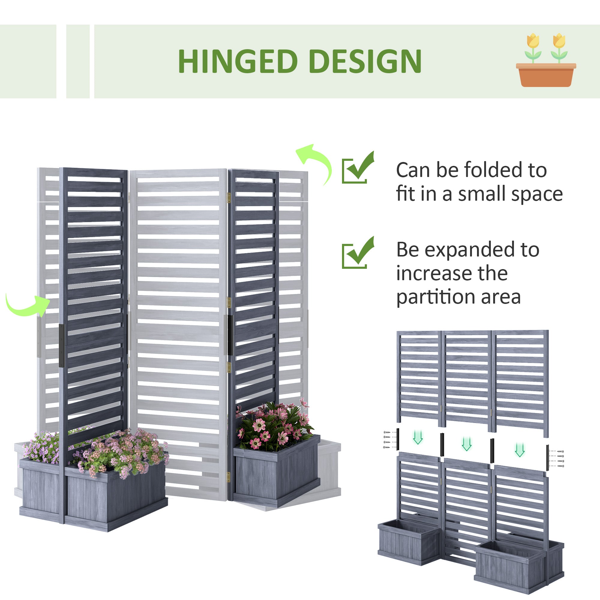 Outdoor Privacy Screen Wood Privacy Panel with 4 Planter Boxes, Raised Bed with 3 Panels, Drainage Holes, Grey