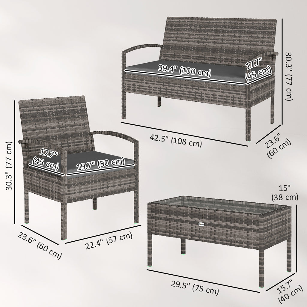 4 Pieces Patio Furniture Set with A Loveseat, Two Armchairs and A Coffee Table, Outdoor Conversation Set, Dark Grey