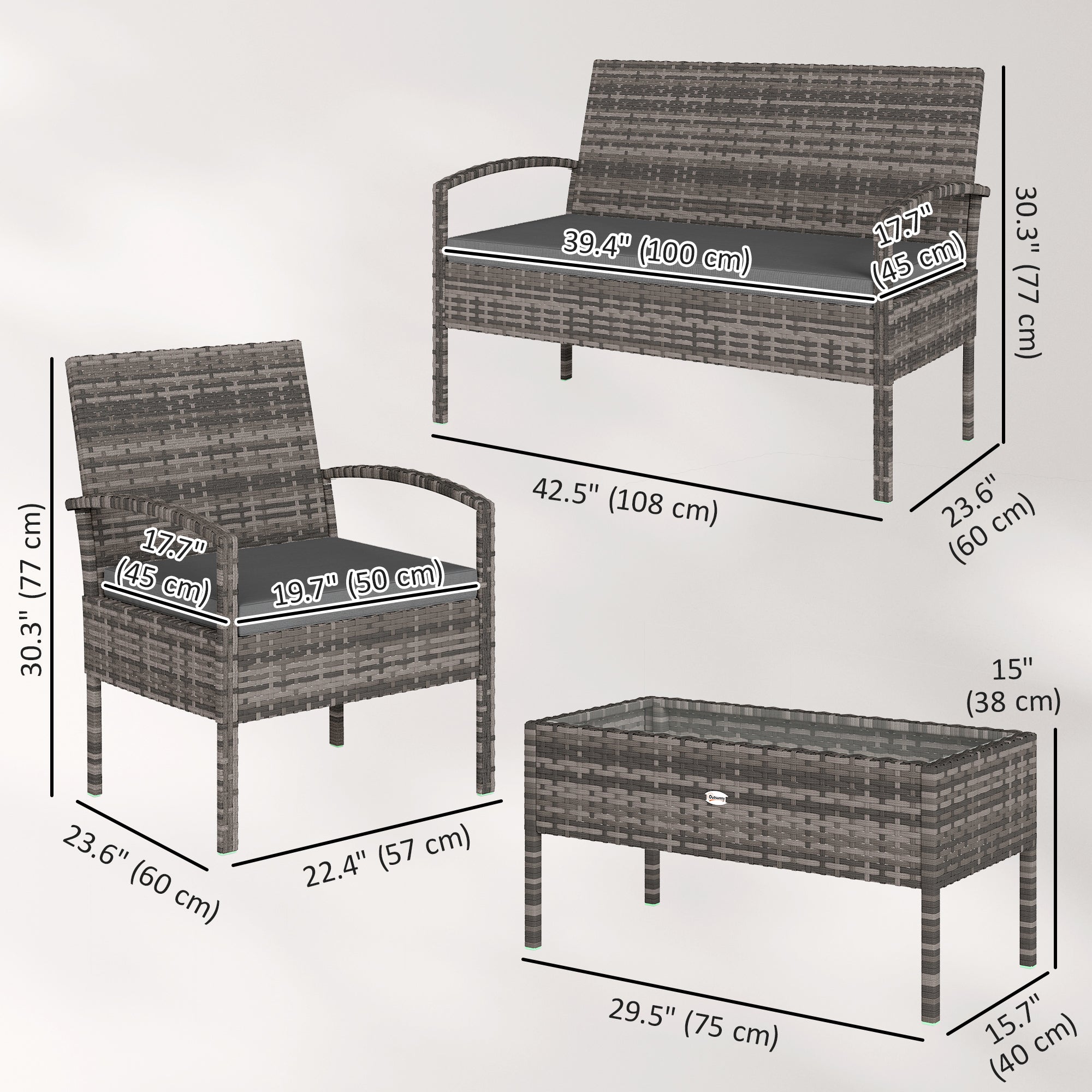4 Pieces Patio Furniture Set with A Loveseat, Two Armchairs and A Coffee Table, Outdoor Conversation Set, Dark Grey