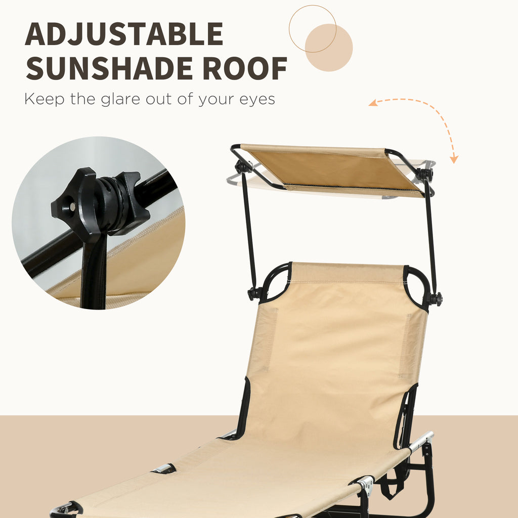 2 Piece Folding Outdoor Chaise Lounges, Pool, Sun, Tanning Chairs with Reclining Back, Sunshade for Beach, Patio, Tan