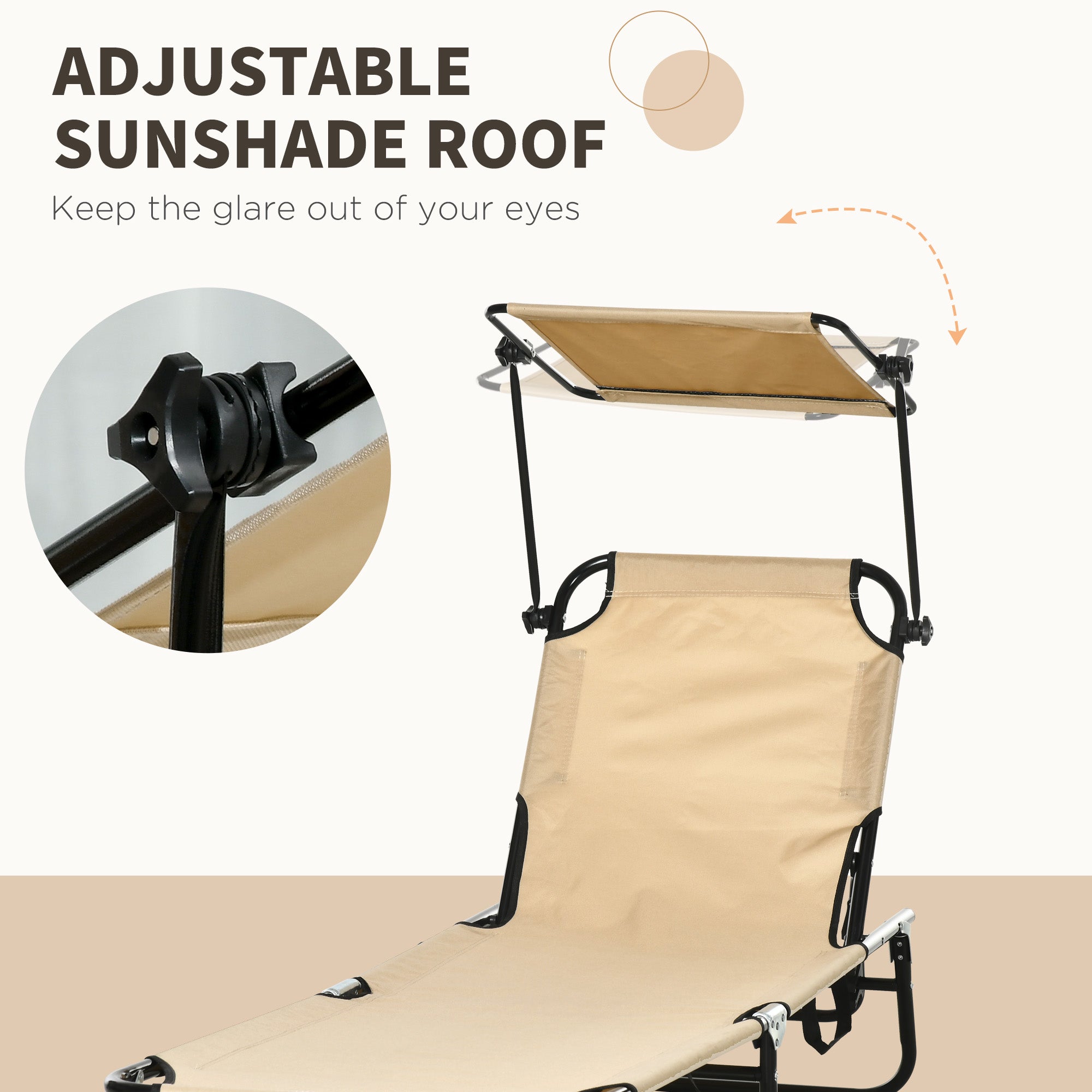 2 Piece Folding Outdoor Chaise Lounges, Pool, Sun, Tanning Chairs with Reclining Back, Sunshade for Beach, Patio, Tan