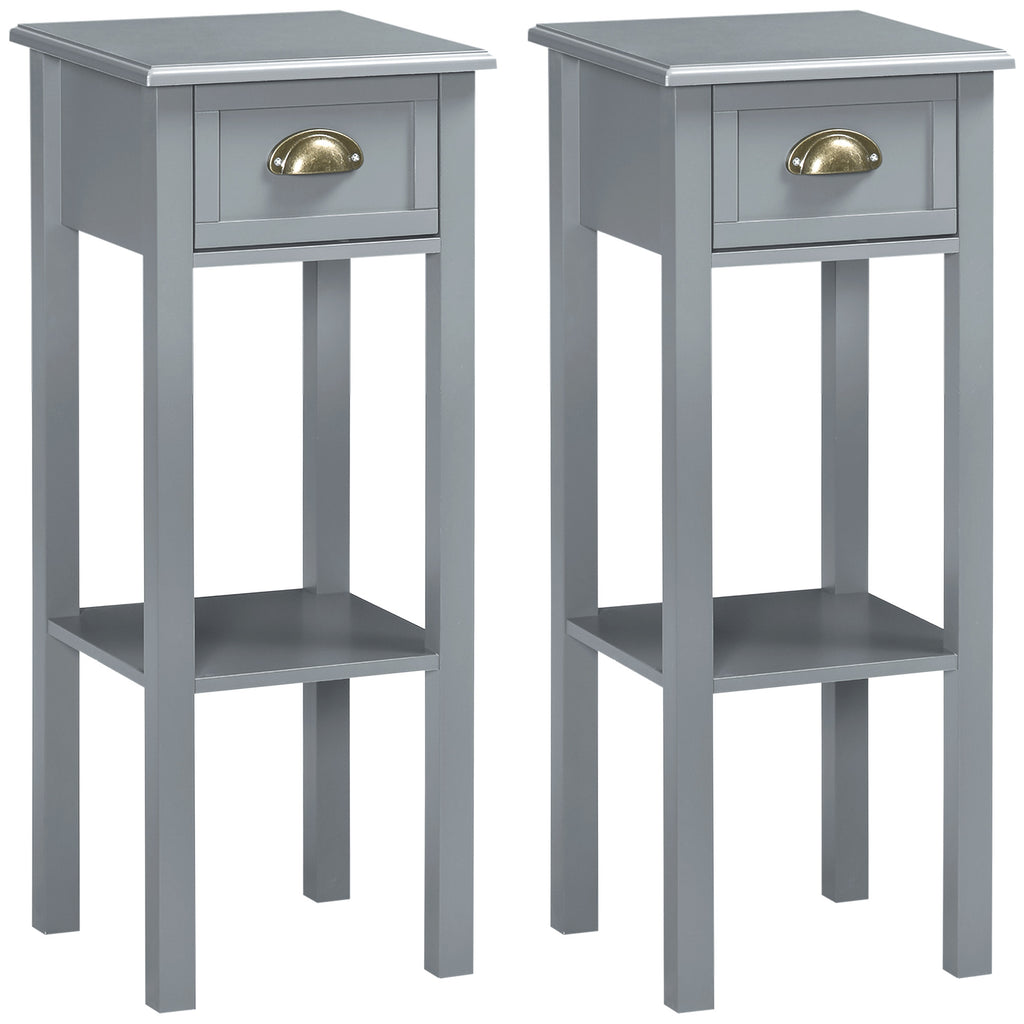 Bedside Table Set of 2, Narrow Side Table with Drawer and Shelf, 2 Tier Tall Nightstand for Bedroom, Grey