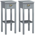 Bedside Table Set of 2, Narrow Side Table with Drawer and Shelf, 2 Tier Tall Nightstand for Bedroom, Grey
