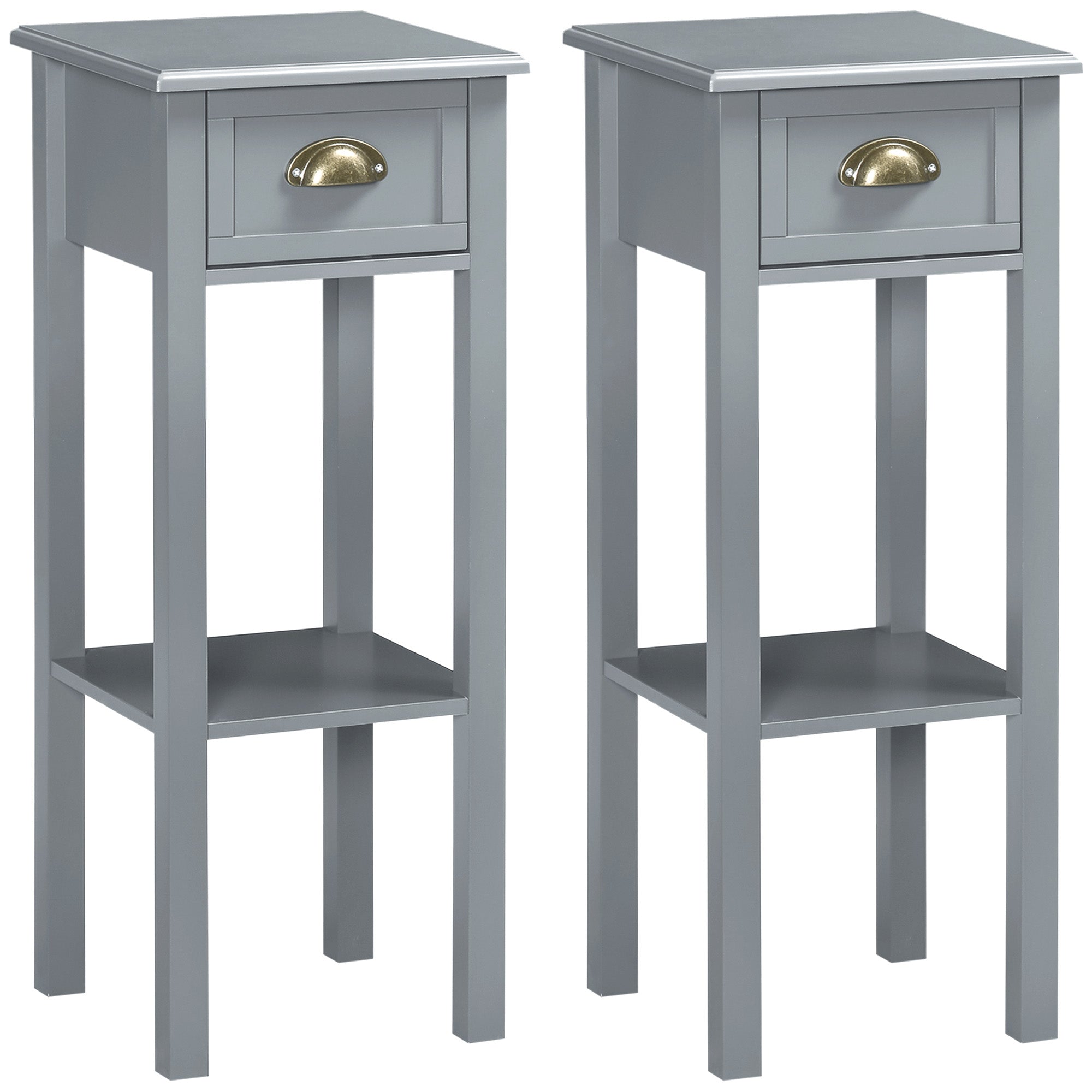 Bedside Table Set of 2, Narrow Side Table with Drawer and Shelf, 2 Tier Tall Nightstand for Bedroom, Grey