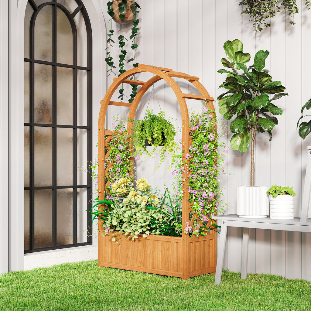 Wooden Raised Garden Bed with Arch Trellis, 33" x 14" x 57" Raised Planter Box with Drainage Holes, Trellis Planter for Vine Climbing Plants