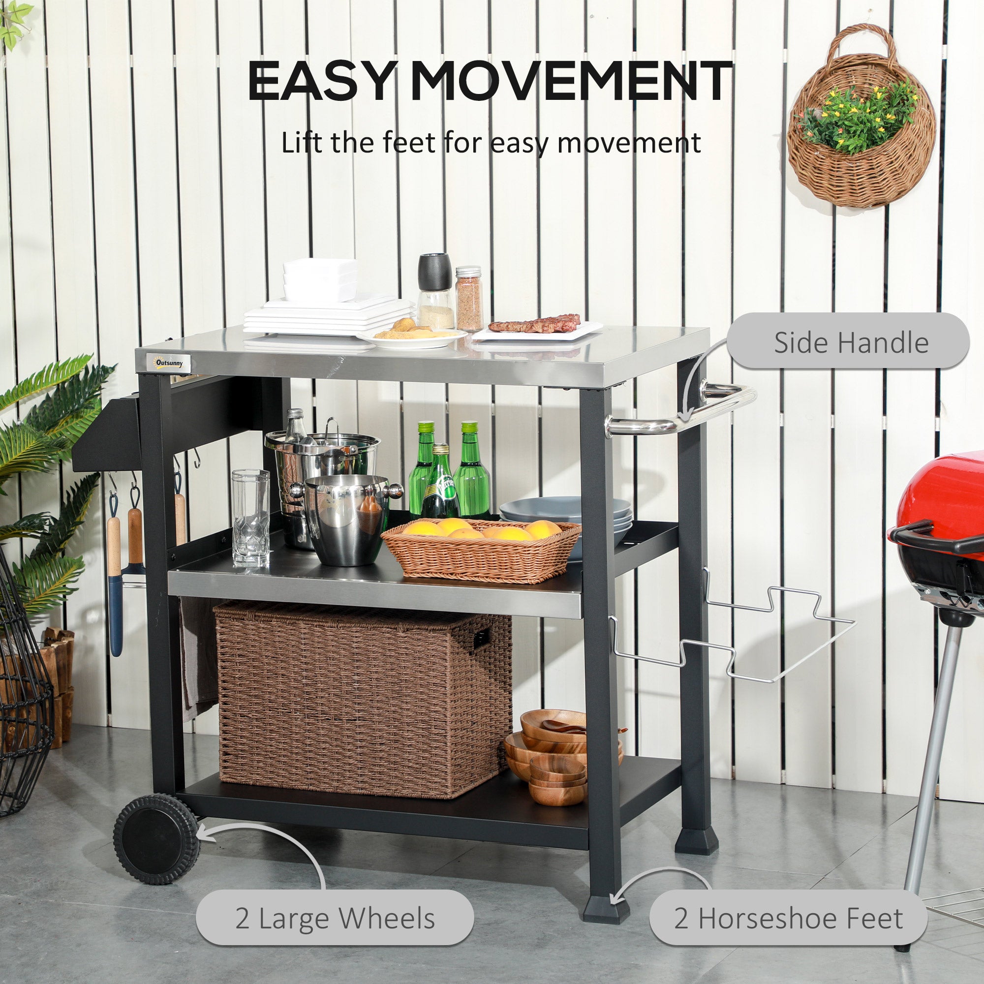 3-Shelf Outdoor Grill Cart Table with Side Handle, Stainless Steel Pizza Oven Stand on Wheels, Black