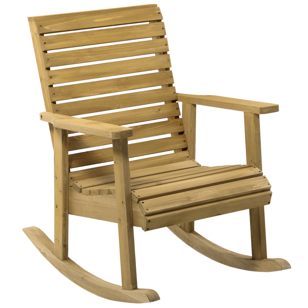 Wooden Outdoor Rocking Chair, Patio Traditional Rocking Chair, Slatted Structure Porch Rocker w/ Armrest for Both Outdoor and Indoor, Light Brown