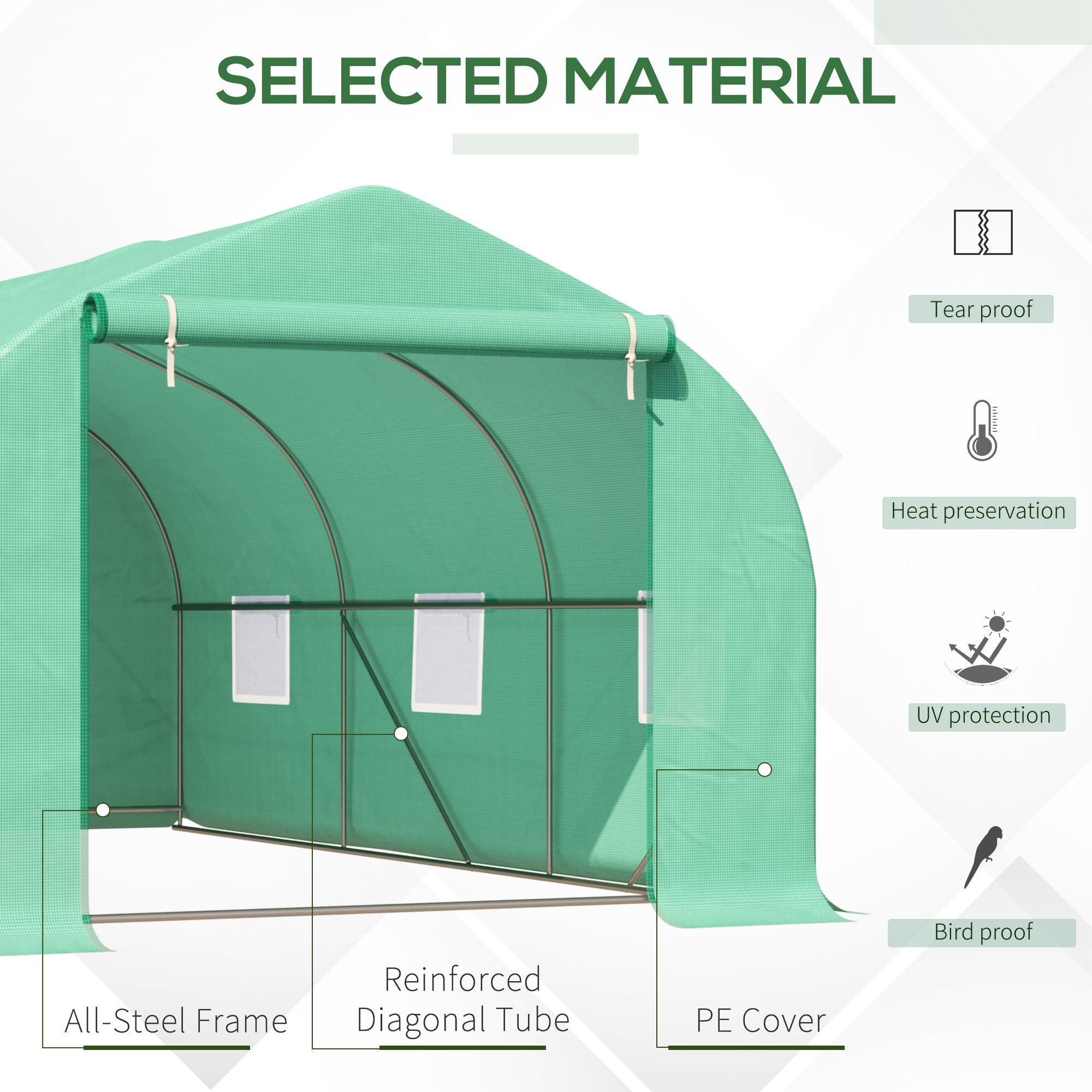 15' x 10' x 7' Walk-in Greenhouse Outdoor Plant Tunnel Warm Hot House w/ Roll Up Door and 6 Mesh Windows, Steel Frame, Green