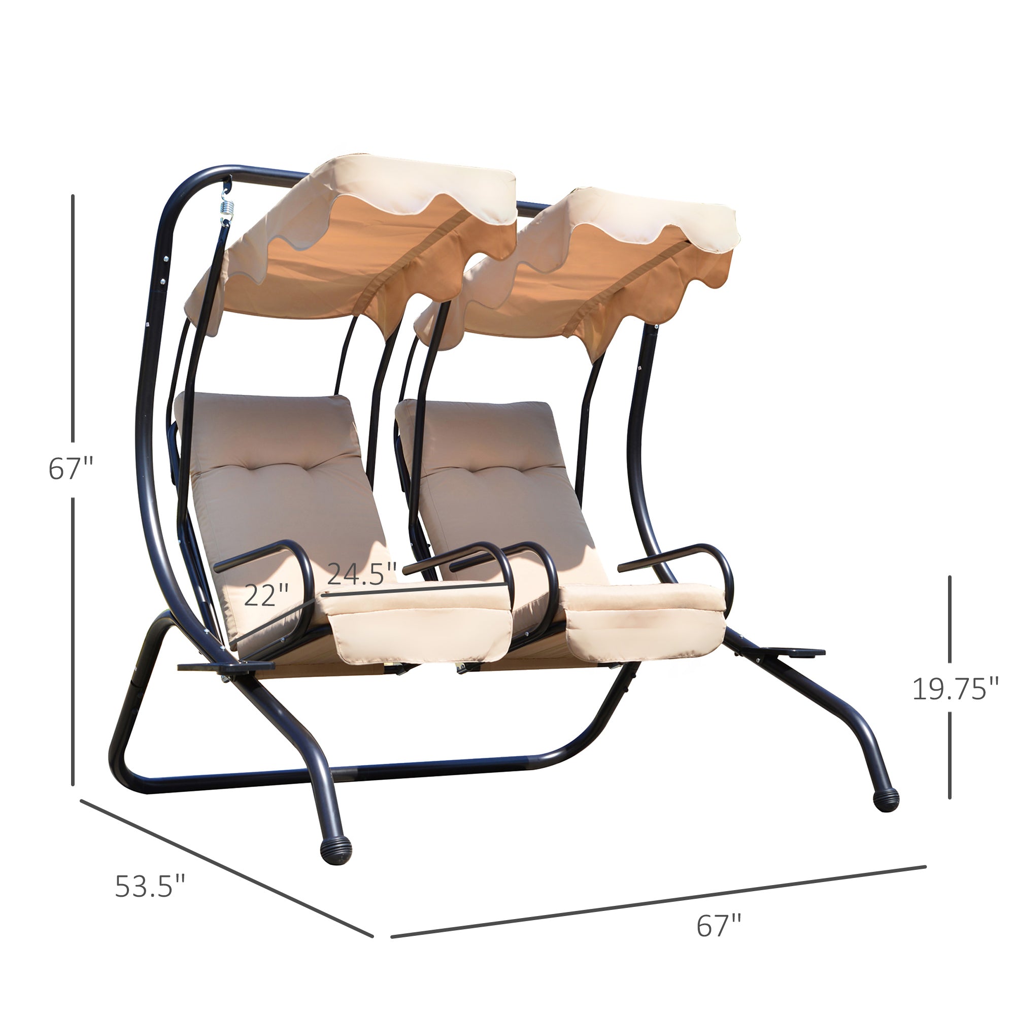 Luxury Porch Swing Metal Outdoor Swing Chair 2 Separated Seater Hammock Heavy-Duty with Canopy and Cushions, Beige