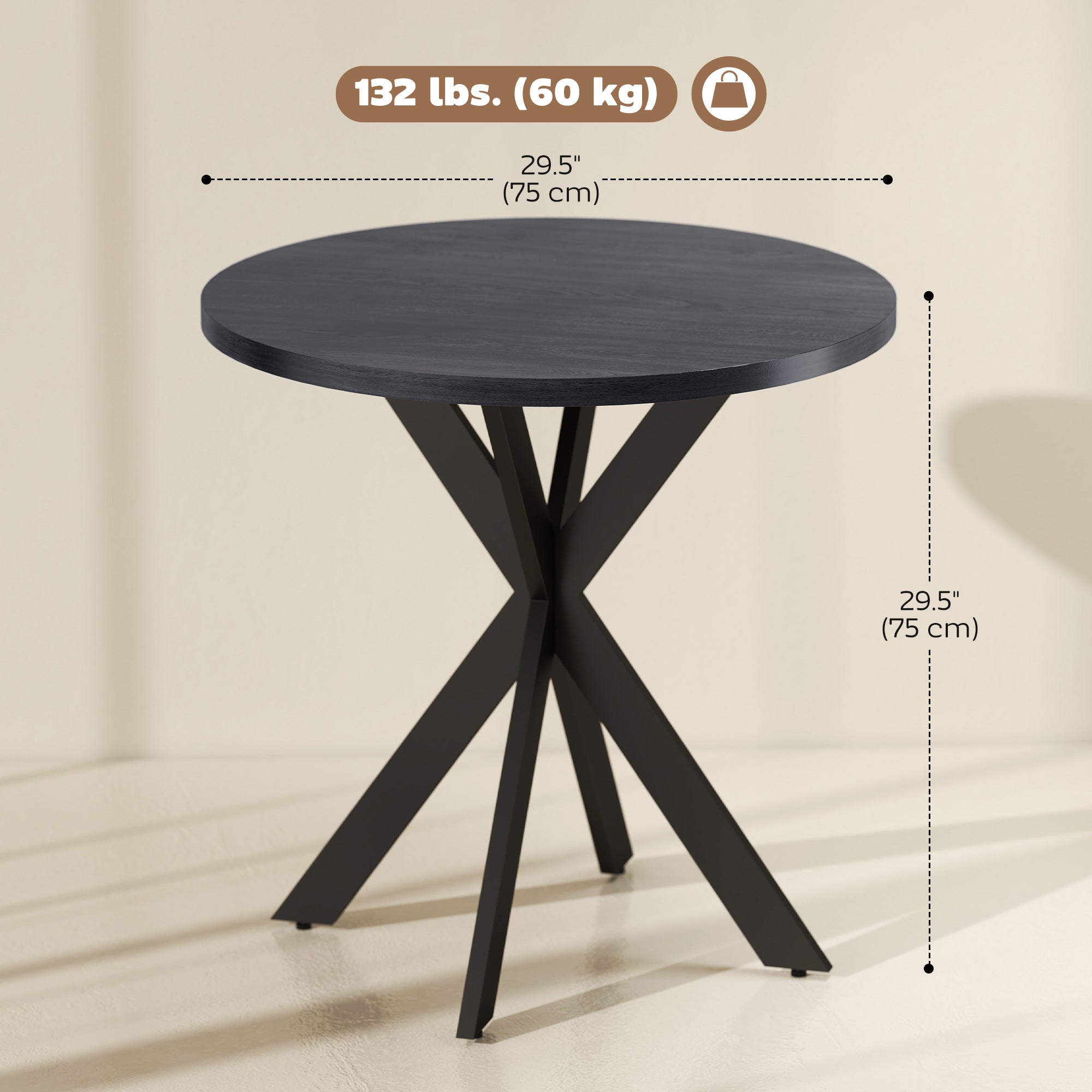 29" Dining Table, Contemporary Round Kitchen Table with Steel Legs, Black