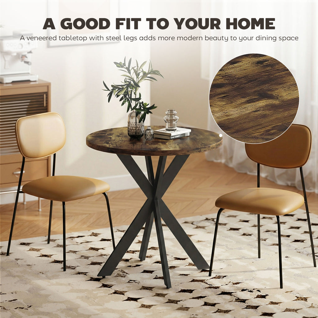 29" Dining Table, Contemporary Round Kitchen Table with Steel Legs, Rustic Brown