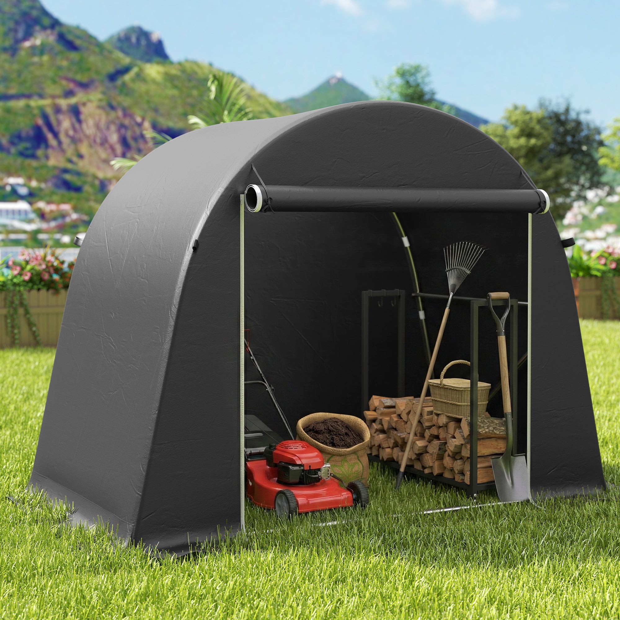 8' x 4' Portable Shed, Waterproof Bike Tent with Roll-up Zipper Door and Galvanised Metal Frame for Bike, Garden Tools