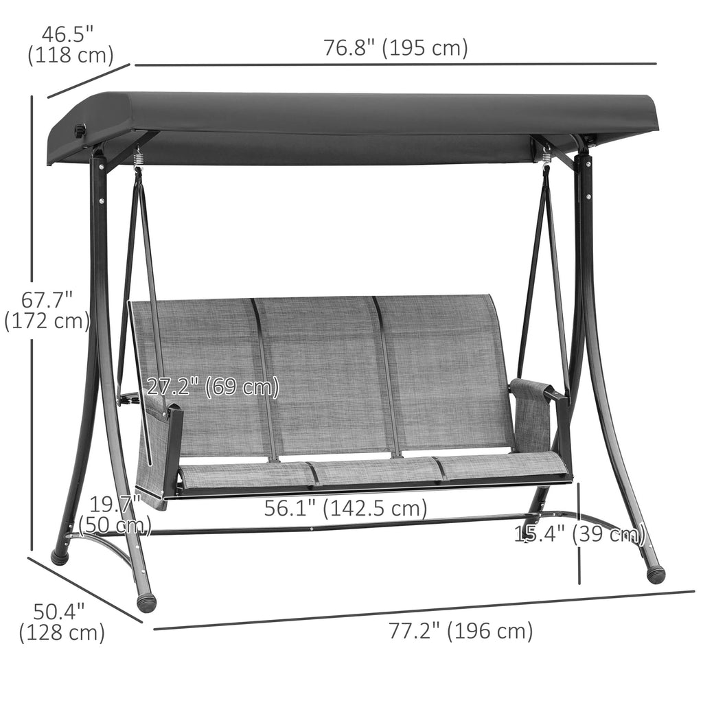 3 Person Outdoor Porch Swing Chair with Adjustable Canopy, Mixed Grey