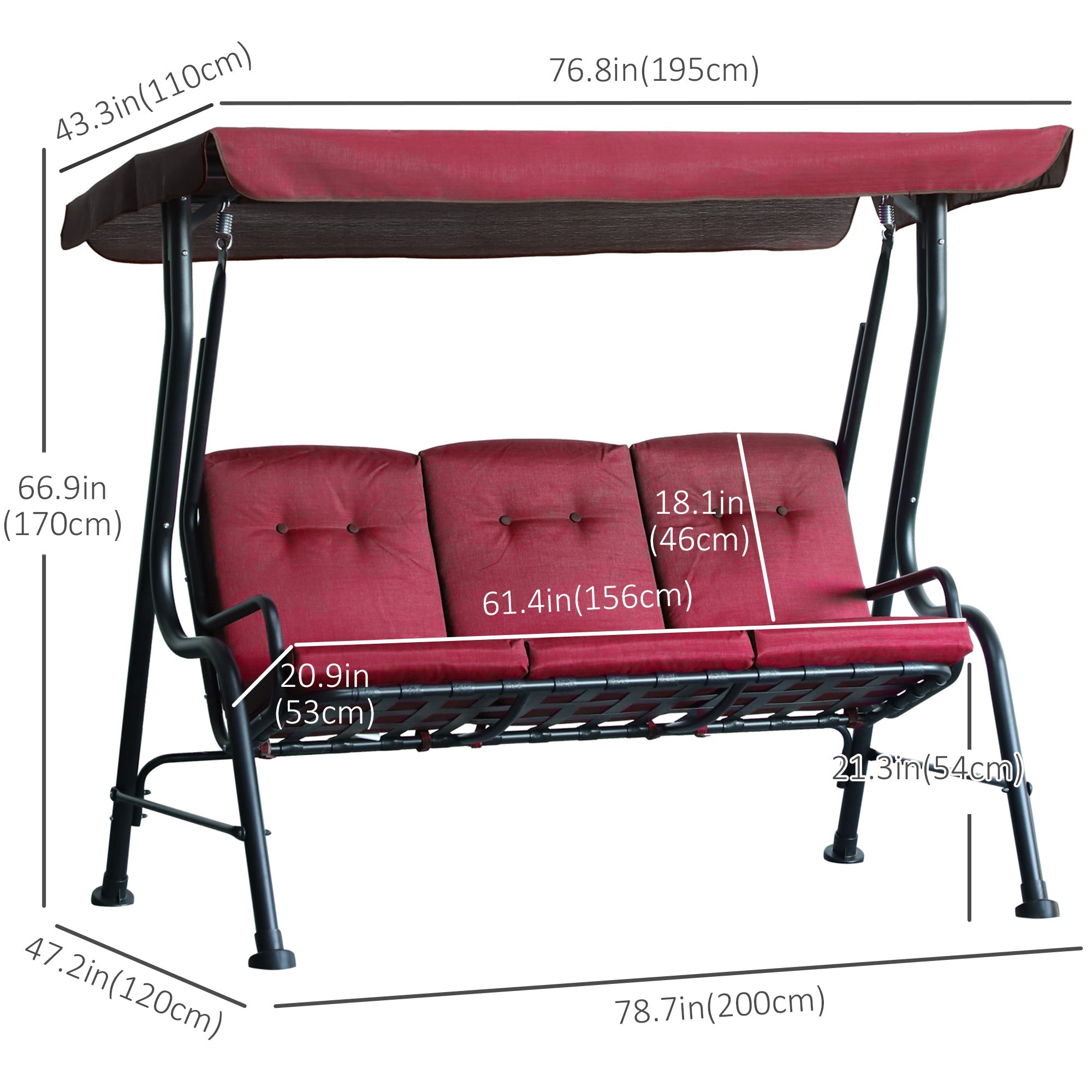 3-Person Porch Swing Chair, Patio Swing Bench with Adjustable Canopy, Removable Thicken Cushion and Weather Resistant Steel Frame for Outdoor, Garden, Poolside, Wine Red