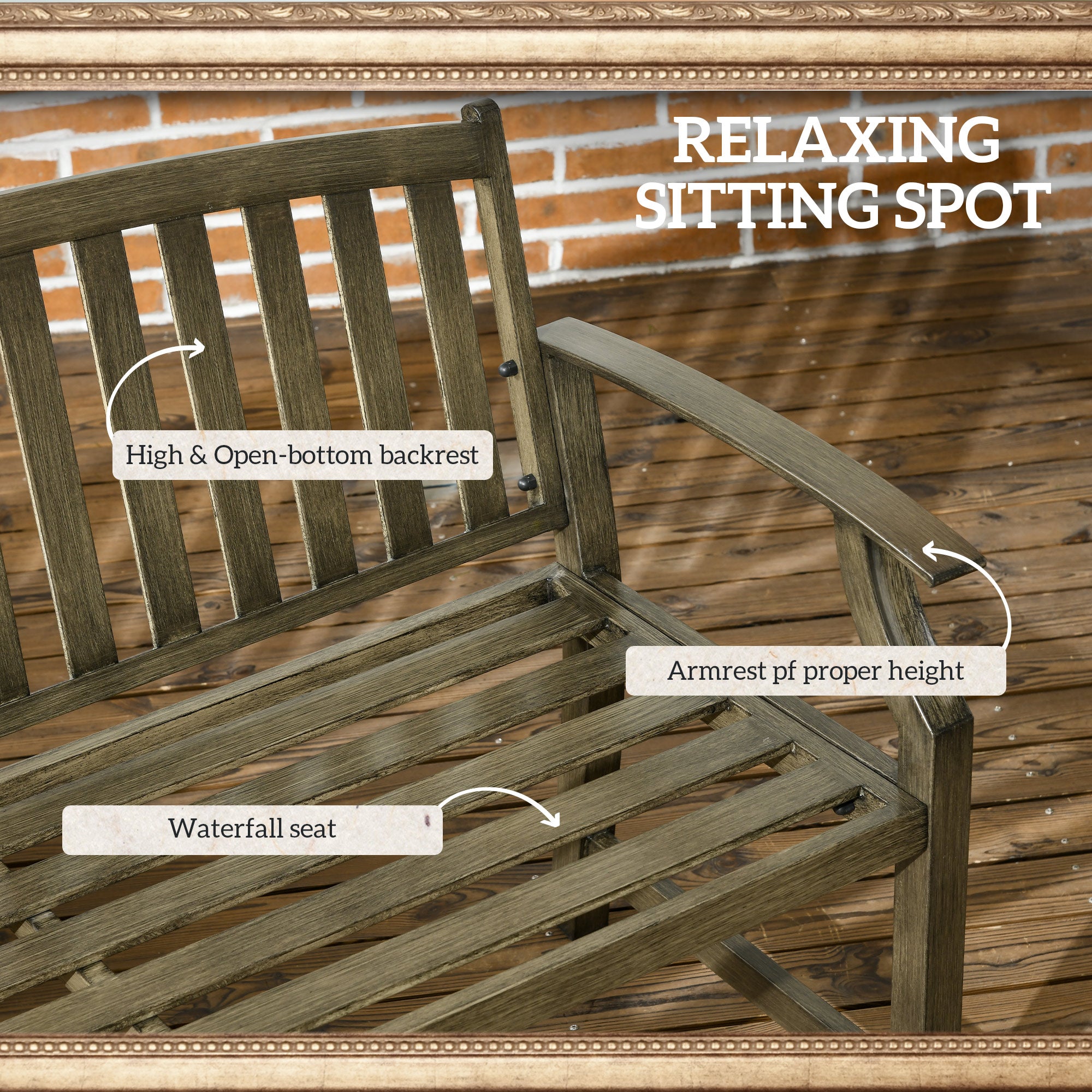 Outdoor Garden Bench, Metal Bench, Wood Look Slatted Frame Furniture for Patio, Park, Porch, Lawn, Yard, Deck, Black