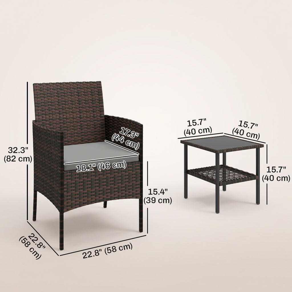Wicker Bistro Set, 3 Piece Patio Furniture Set with 2-Tier Glass Top Table, Cushions for Balcony, Porch, Dark Grey