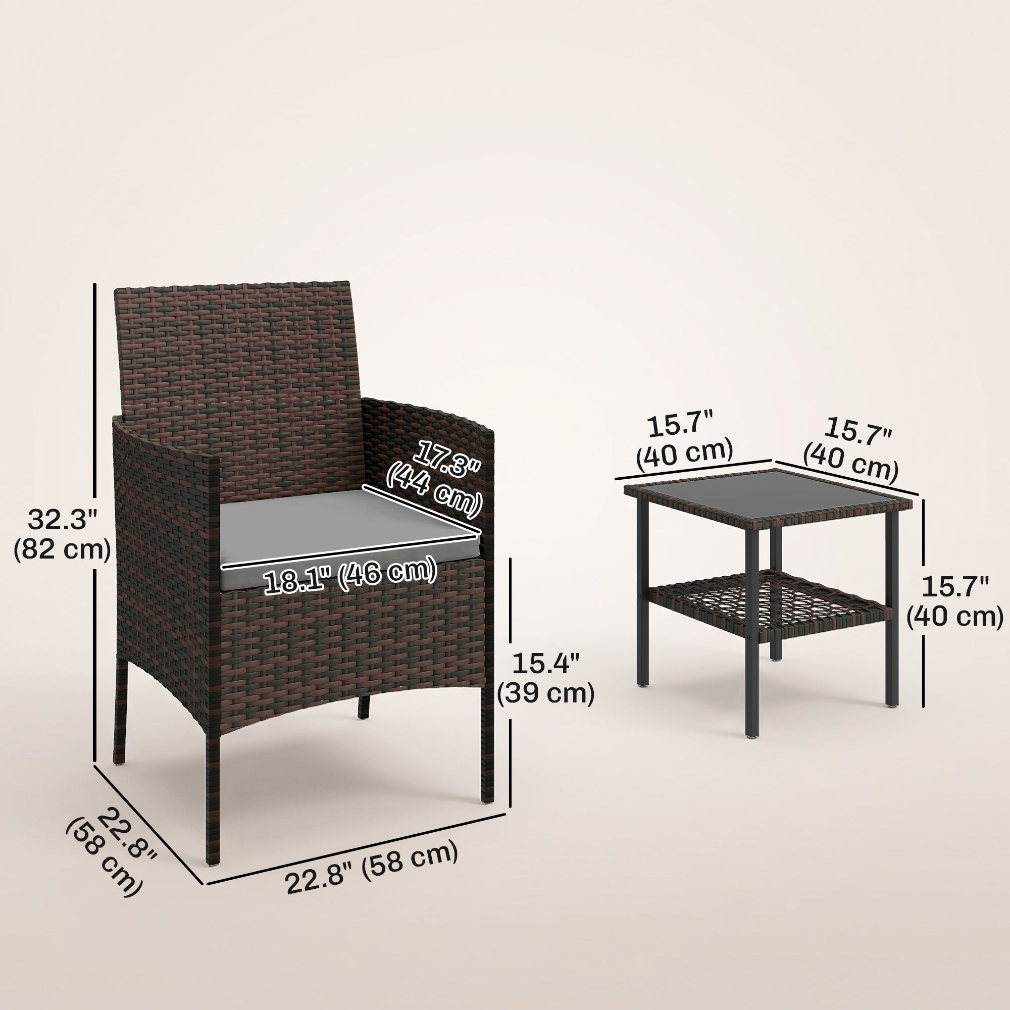 Wicker Bistro Set, 3 Piece Patio Furniture Set with 2-Tier Glass Top Table, Cushions for Balcony, Porch, Dark Grey