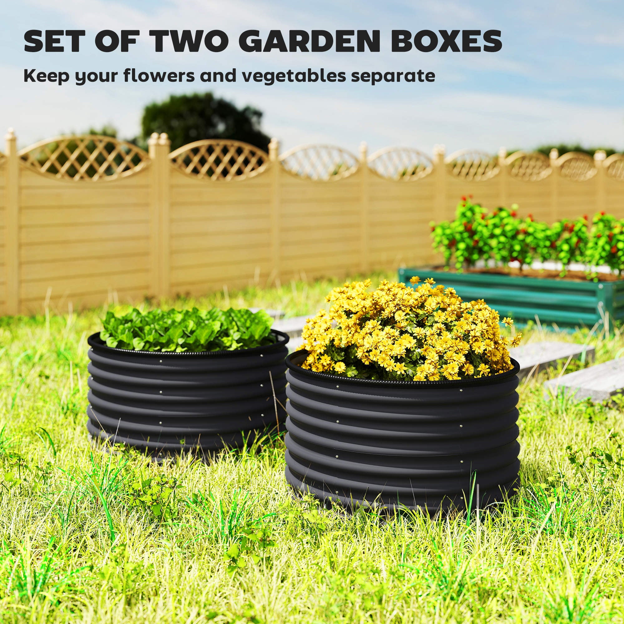 Set of 2 Raised Garden Bed, Metal Planter Box with Safety Edging, Easy-to-assemble Stock Tank, Dark Grey
